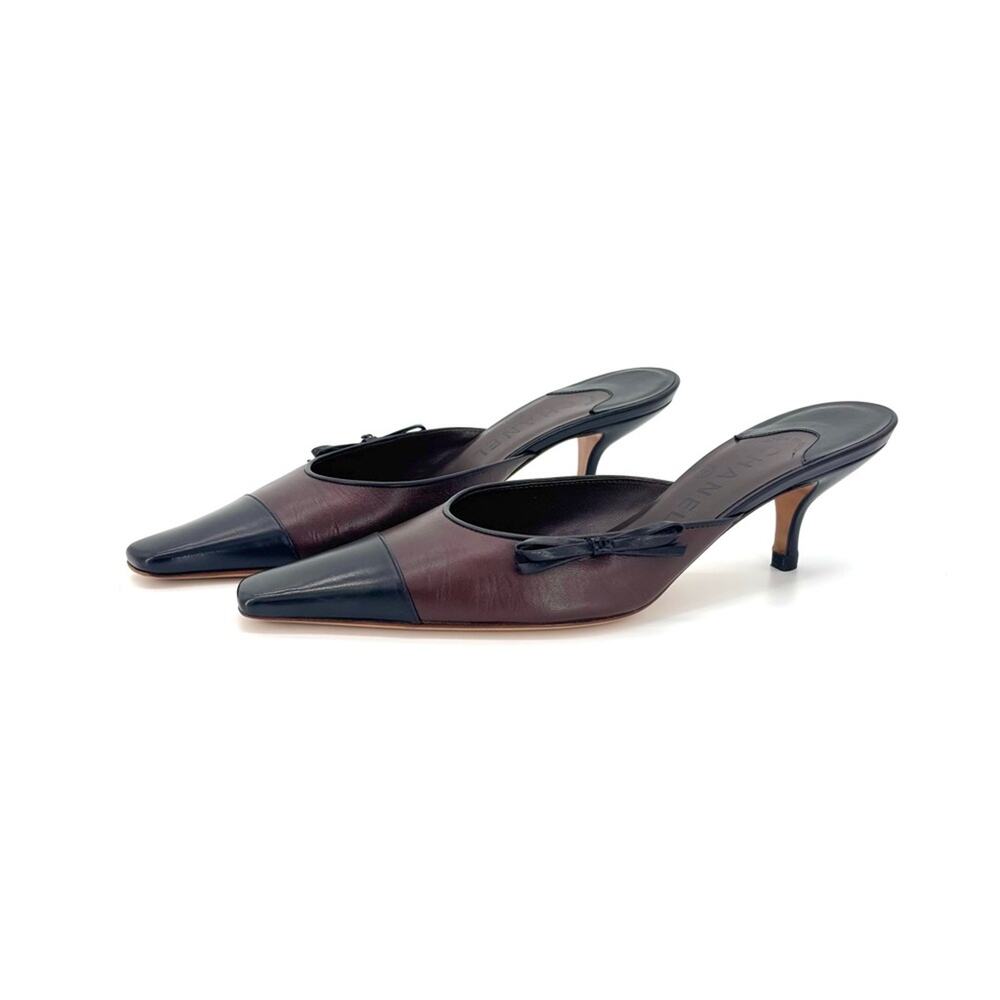 Vintage Chanel Karl Lagerfeld Era Bow CC Logo Cap Toe Kitten Heel Mules 37